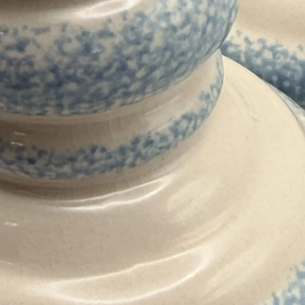 Vintage Blue Heart Spongeware Ceramic Candlestick Holders Pair Country 7.5